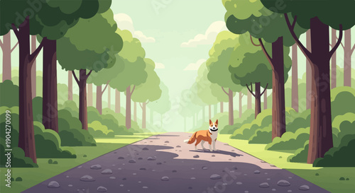 A dog stands on a wooded path with dappled sunlight