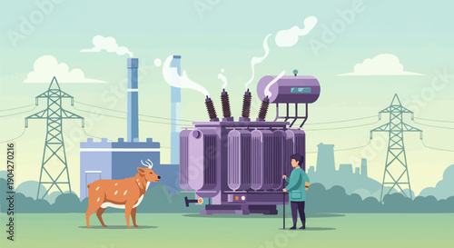 A deer stands near a person and a power transformer at an industrial site