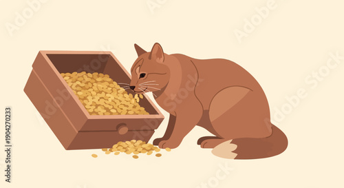 A domestic cat eagerly eats from a wooden box filled with yellow kernels