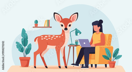 A deer stands near a woman working on a laptop in a cozy room
