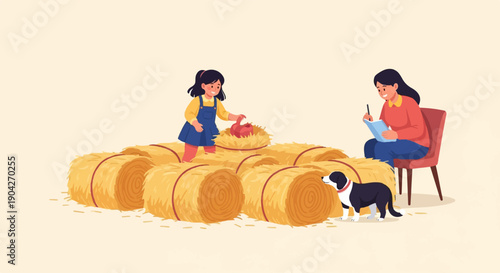 A child plays in hay bales while a woman writes and a dog watches