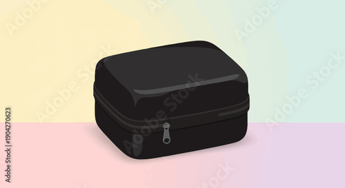 A closed black case with a zipper sits on a two-toned background