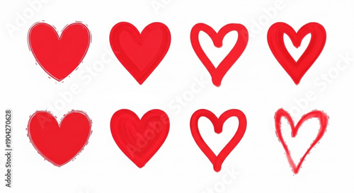 Eight red heart shapes in various styles on a white background for love and valentine's day concepts