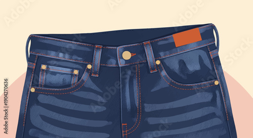 A close up illustration of dark blue denim jeans with orange stitching
