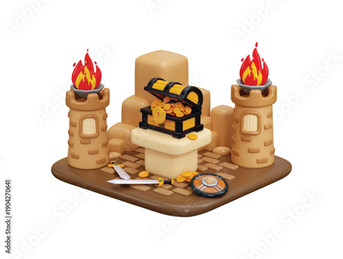 Dungeon icon 3d render concept of treasure box with gold coin Treasury Hall icon vector illustration
