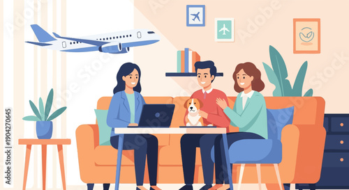 A family consults travel plans online with their dog beside them