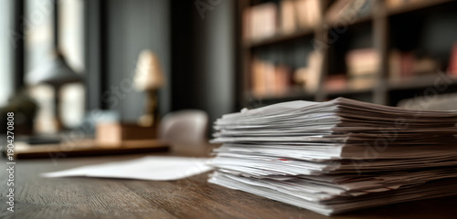 Stack of printed papers with uneven edges and textured surface on a wooden table in a cozy study with blurred bookshelf and warm lighting
