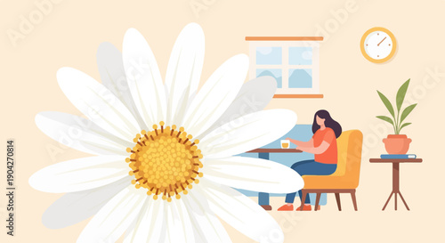 A close-up of a daisy with a woman sitting at a table in the background