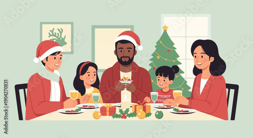 A family enjoys a festive Christmas dinner together, sharing food and holiday cheer