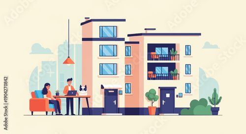 A couple and their dog relax inside a modern apartment building