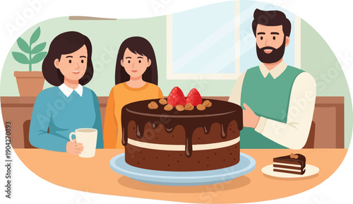 A family enjoys a chocolate cake with strawberries and nuts on top
