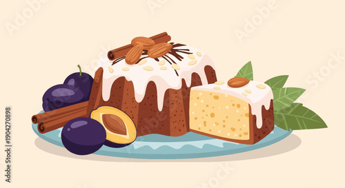 A delicious plum and almond cake with cinnamon sticks and fresh plums
