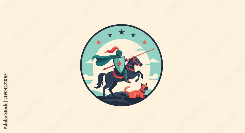 Fototapeta premium A knight on horseback with a spear and shield, accompanied by a dog