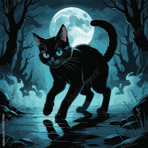 illustration of a black cat wandering around the house