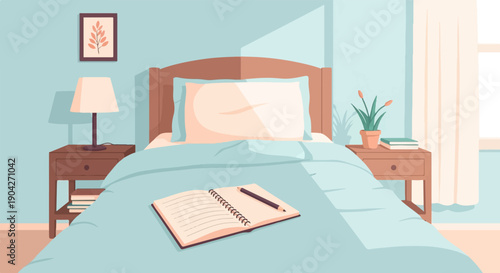 A cozy bedroom scene with a neatly made bed and a journal open on it