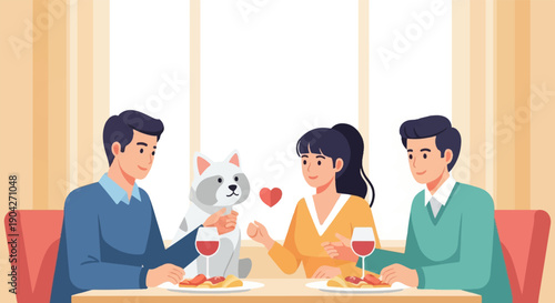 A delightful meal with a furry friend, shared between two people