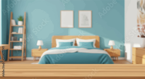 A cozy bedroom with a large bed, nightstands, and a bookshelf