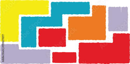 Set of colorful abstract textured brushstroke shapes in yellow, teal, magenta, brown, and blue isolated on a white background for creative design.