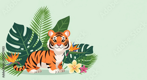 A cute cartoon tiger sits among lush green jungle foliage and colorful tropical flowers