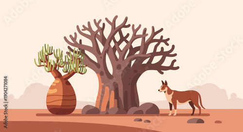 A desert landscape with a dingo and two distinct trees under a pale sky
