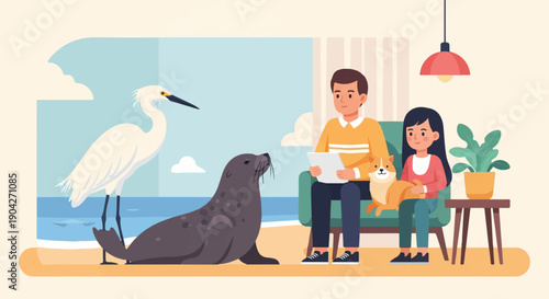 A family indoors reads a book, with a seal and egret outside