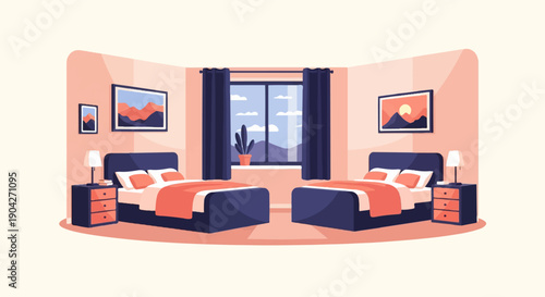 A cozy bedroom with two beds, bedside tables, artwork, and a scenic window view