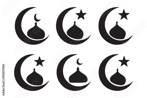 Islamic Architecture Icons: A collection of meticulously crafted, green-hued silhouette icons of iconic Islamic architectural structures.