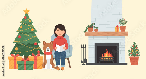 A cozy Christmas scene with a person reading by a fireplace, dog, and gifts