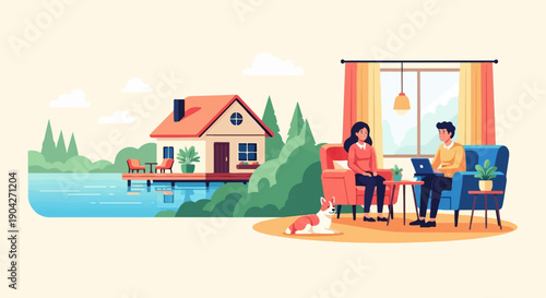 A cozy home by the lake with a couple relaxing indoors and a dog