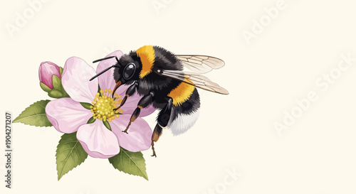 A detailed illustration of a bumblebee foraging on a delicate pink blossom with green leaves
