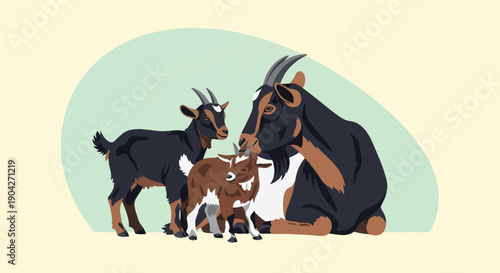 A family of three goats, with a parent lying down, huddle together
