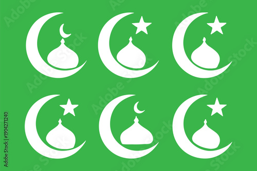 Islamic Architecture Icons: A collection of meticulously crafted, green-hued silhouette icons of iconic Islamic architectural structures.