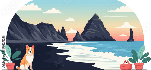 A cute dog and a small pup sit on a black sand beach with mountains