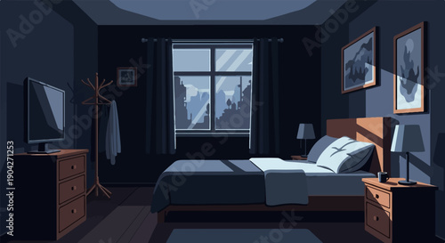 A dimly lit bedroom with a large window showing a city at night