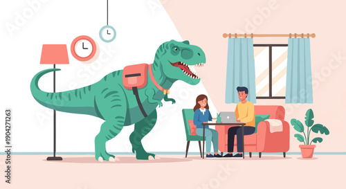 A dinosaur wearing a backpack visits a couple working indoors