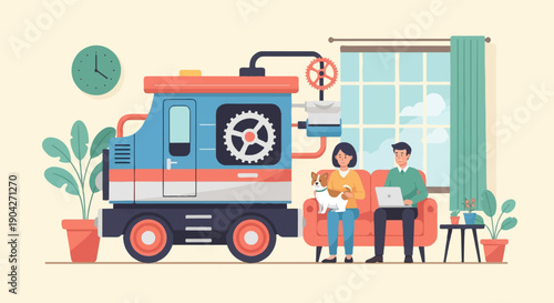 A cozy home scene features a couple and dog near a playful toy train on a pastel background