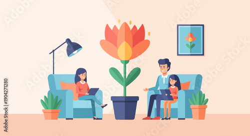 A family relaxing in a cozy room with a large flower and picture