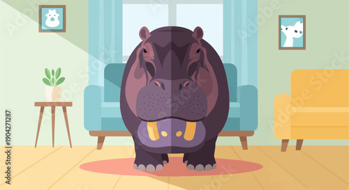A large, cartoon hippo stands in a living room with furniture and art