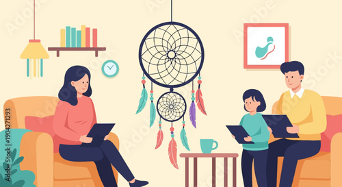 A family relaxing indoors with a dreamcatcher and artwork