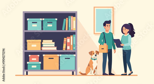 A diverse duo and their canine companion review notes by a bookcase