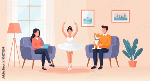 A family scene with a ballerina, a man holding a dog, and a woman on a laptop