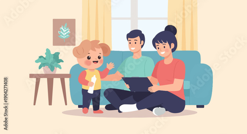 A family with a baby on the floor, parents on the couch, and plants in the room