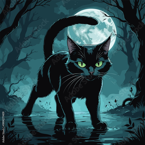illustration of a black cat wandering around the house