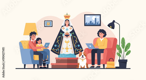 A family with a dog and a religious statue indoors with laptops