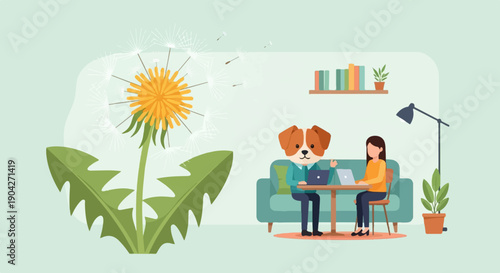 A dog and person work on laptops near a dandelion, in a softly lit room