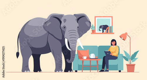 A large elephant stands in a cozy room with a woman on a couch using a laptop