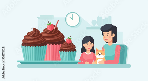 A family with a dog and cupcakes on a tray