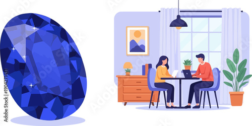 A large faceted blue gemstone sits beside two people working on laptops at a table