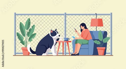 A dog and woman in a room with a fence and plants