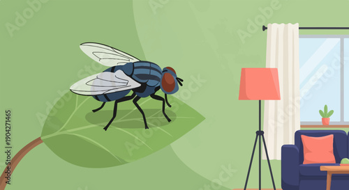 A large fly rests on a leaf in a room with a couch and lamp